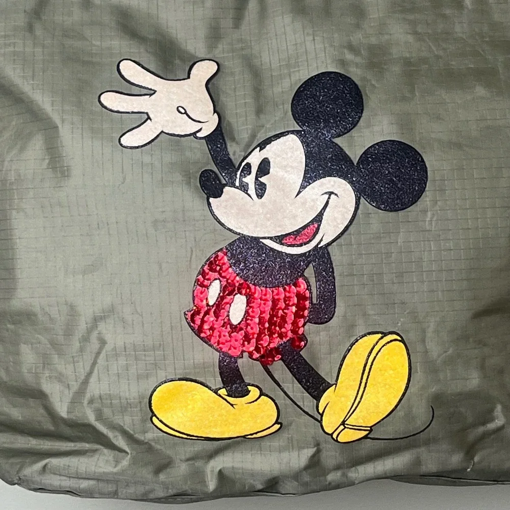 Disney Green Sequin Glitter Mickey Mouse Nylon Zippered Tote Bag 17